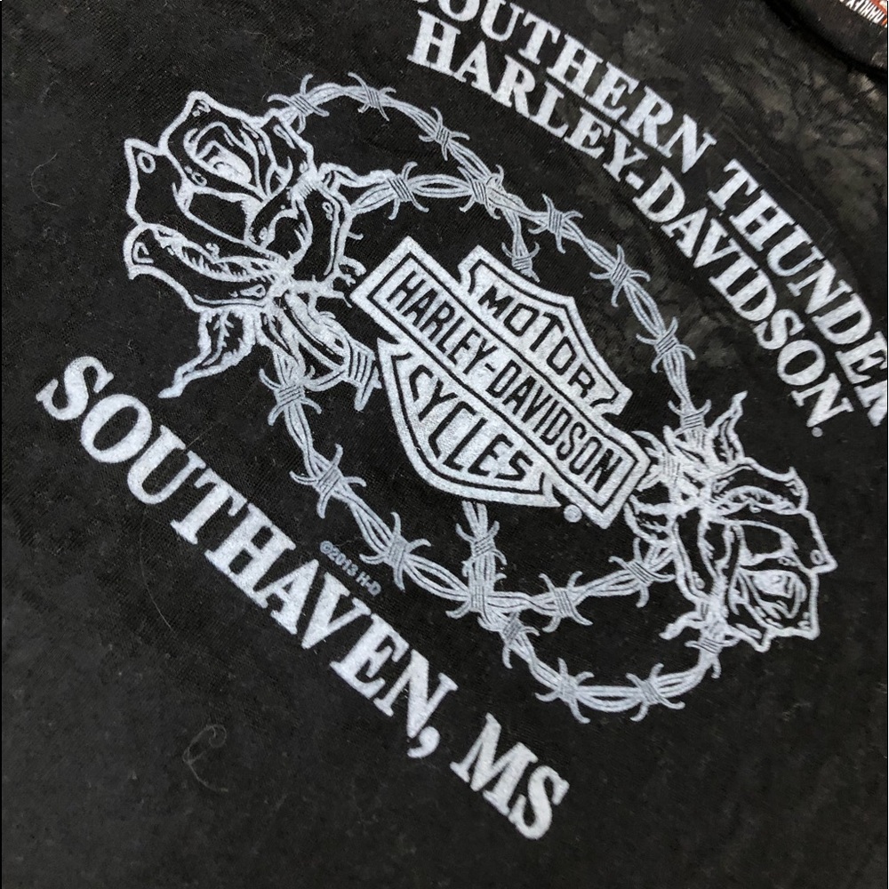 Harley Davidson sheer T-shirt- South Haven Barbwire rose logo gold writing front